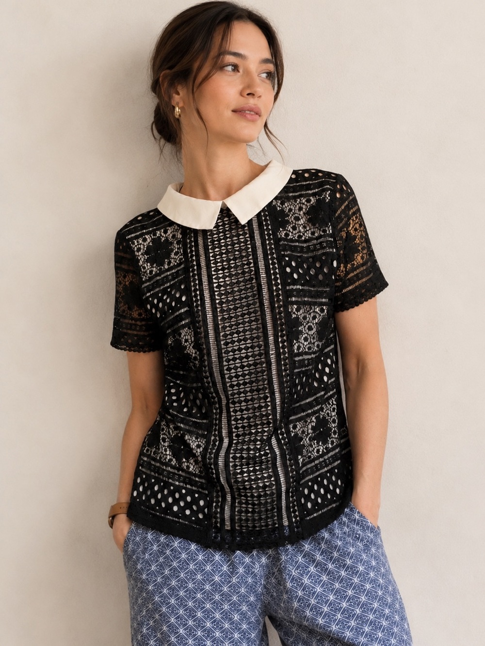 Oasis Black Lace Peter Pan Collar Preppy Blouse Size Large